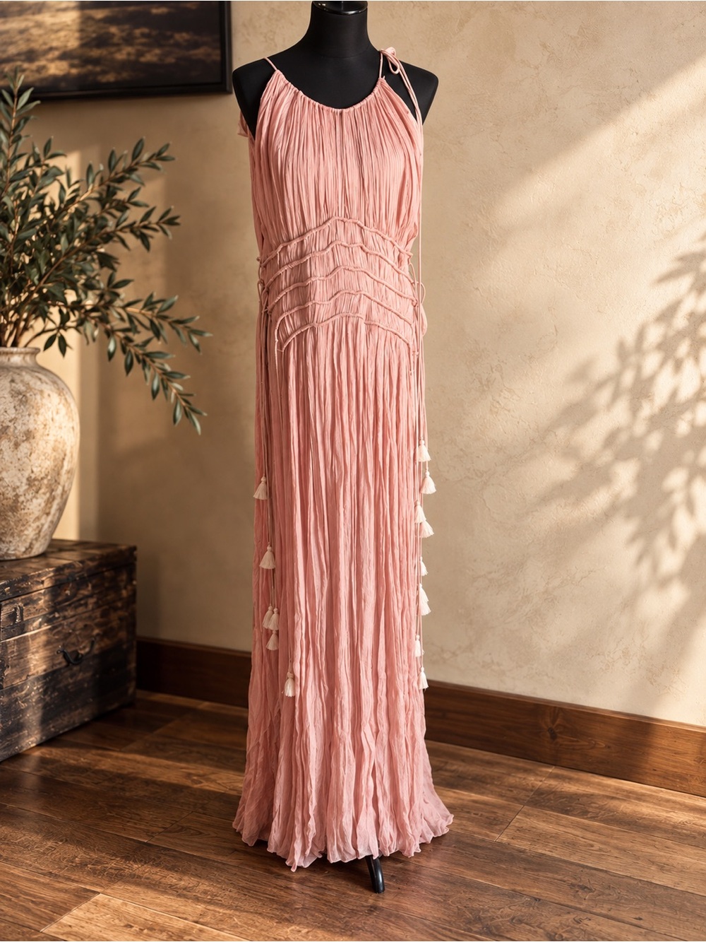 Chloe Boho Tassel Maxi Dress in Blush Pink